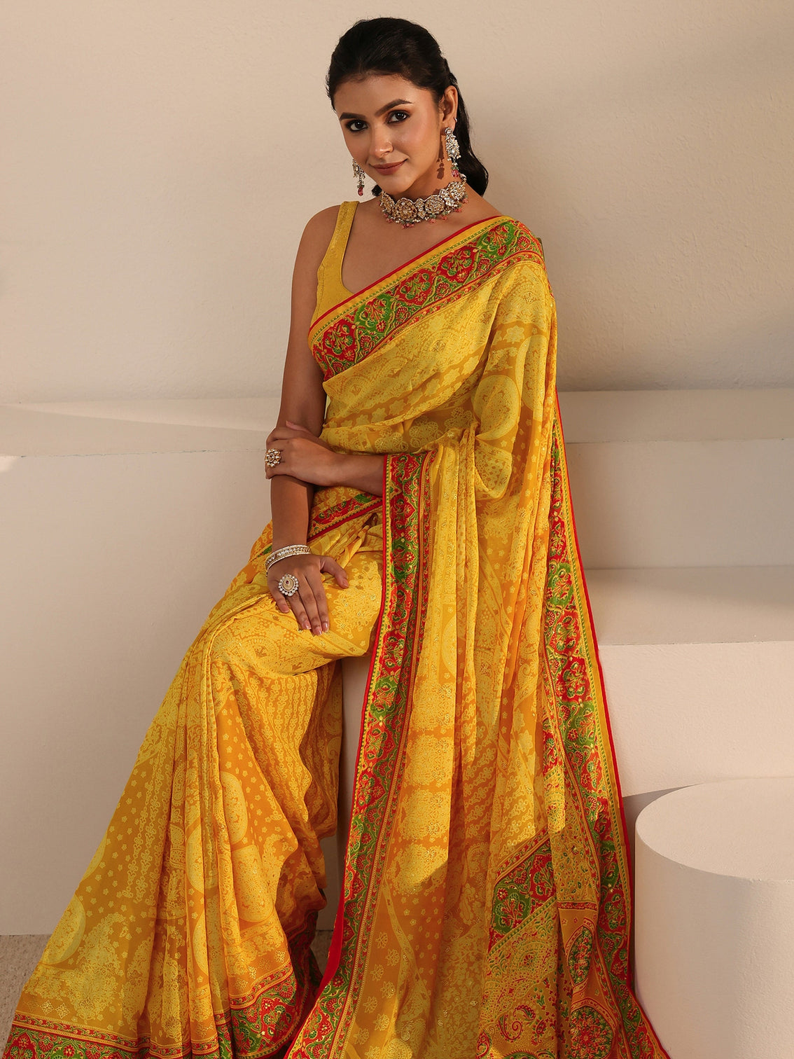 Mameraa Yellow Printed Georgette Saree