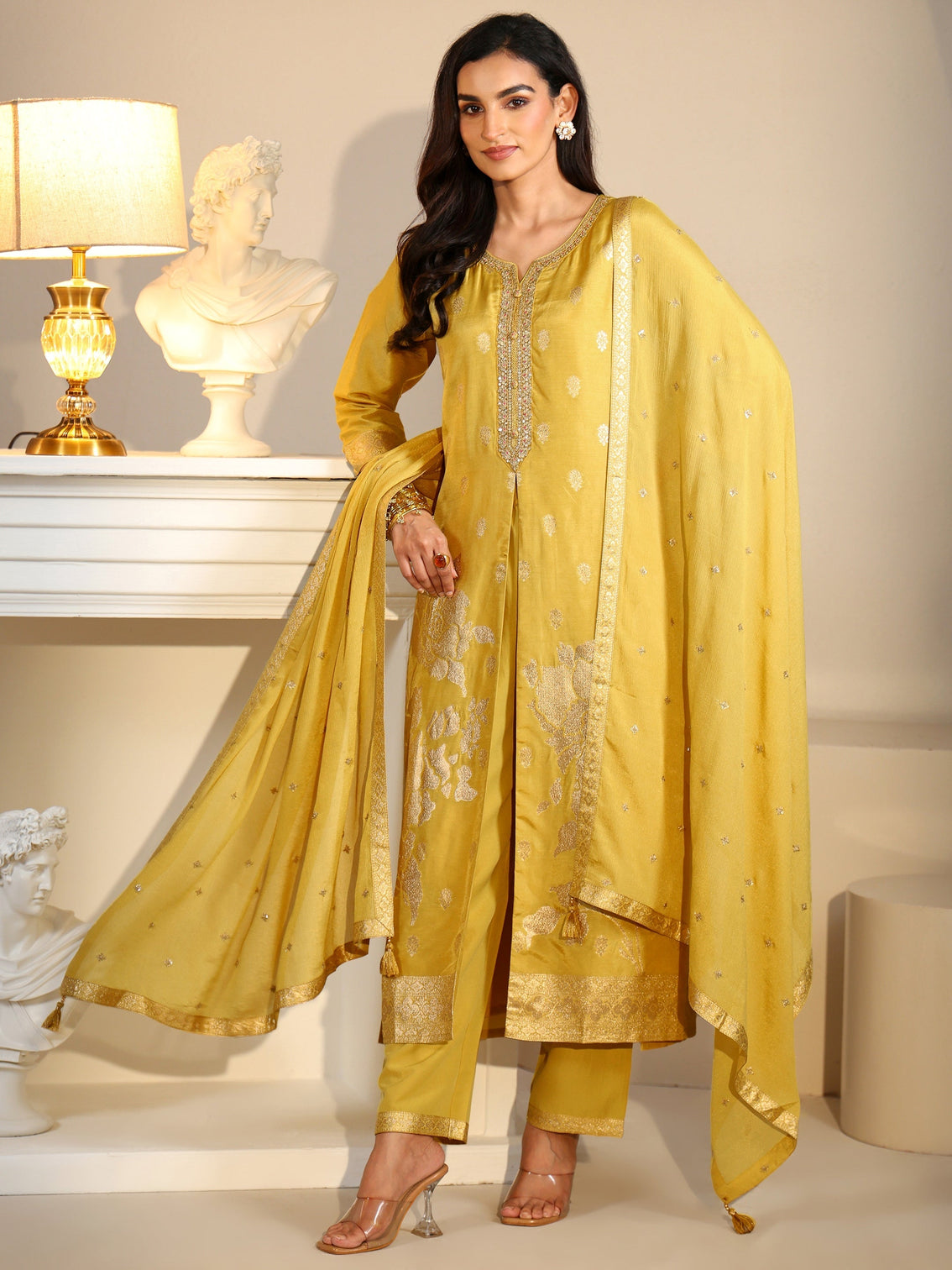 Mameraa Yellow Woven Design Front Slit Silk Blend Straight Suit Set
