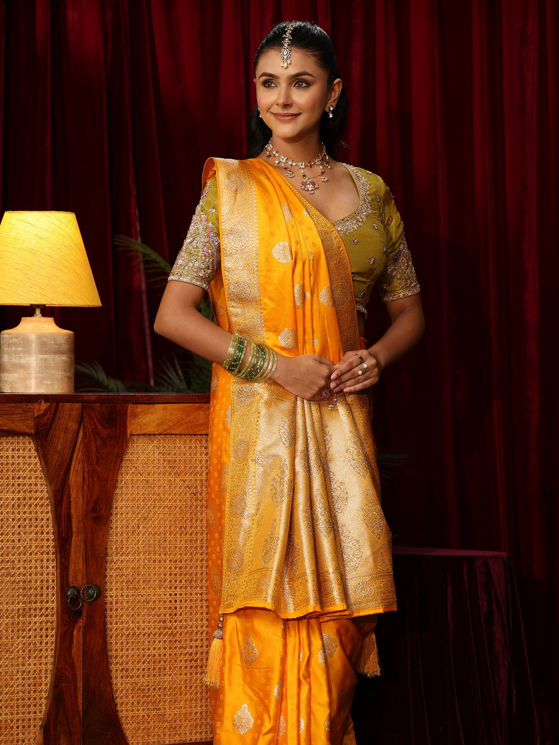 Mameraa Yellow Woven Design Satin Saree with Stone Work