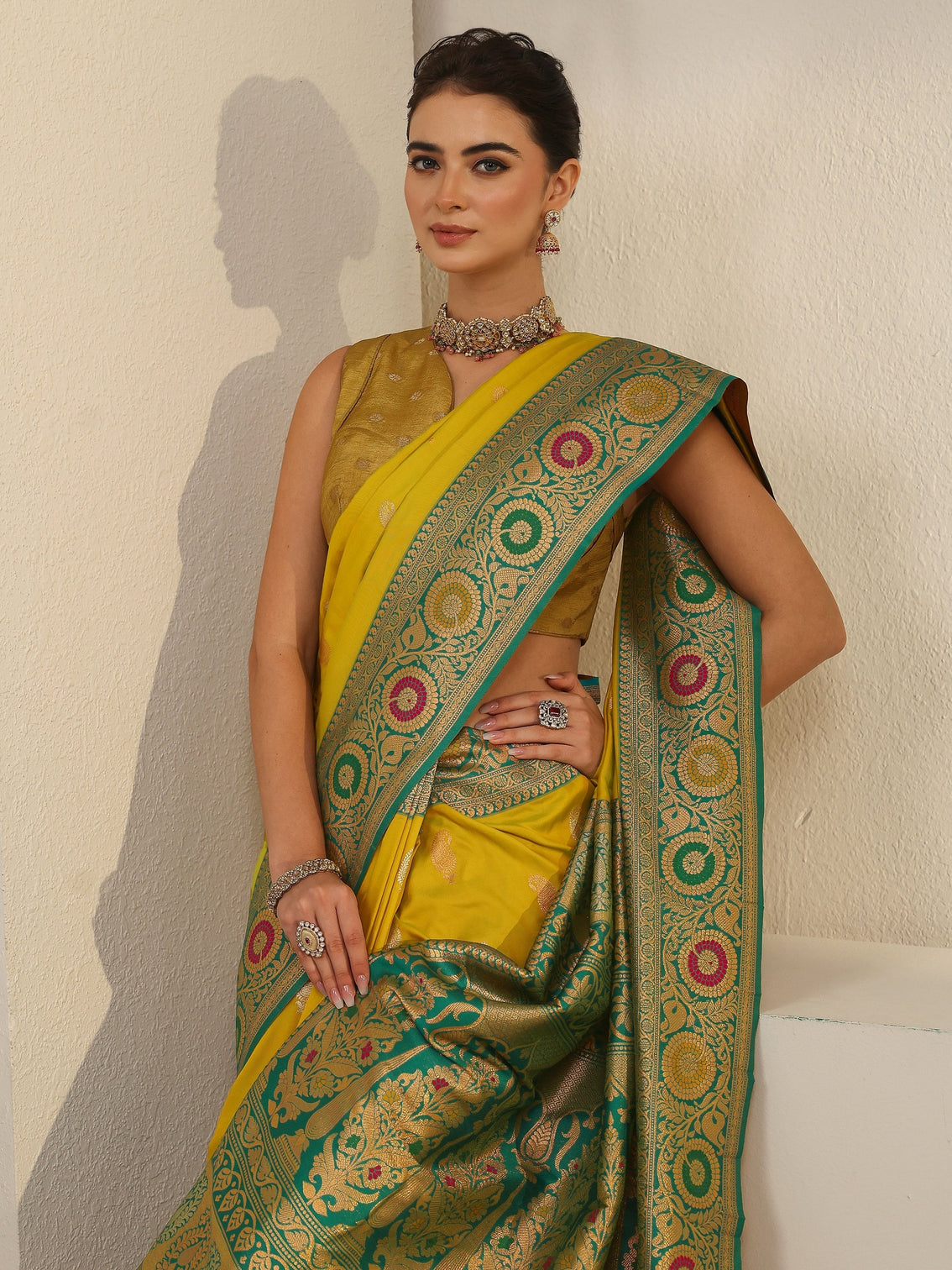 Mameraa Yellow Woven Design Silk Blend Saree