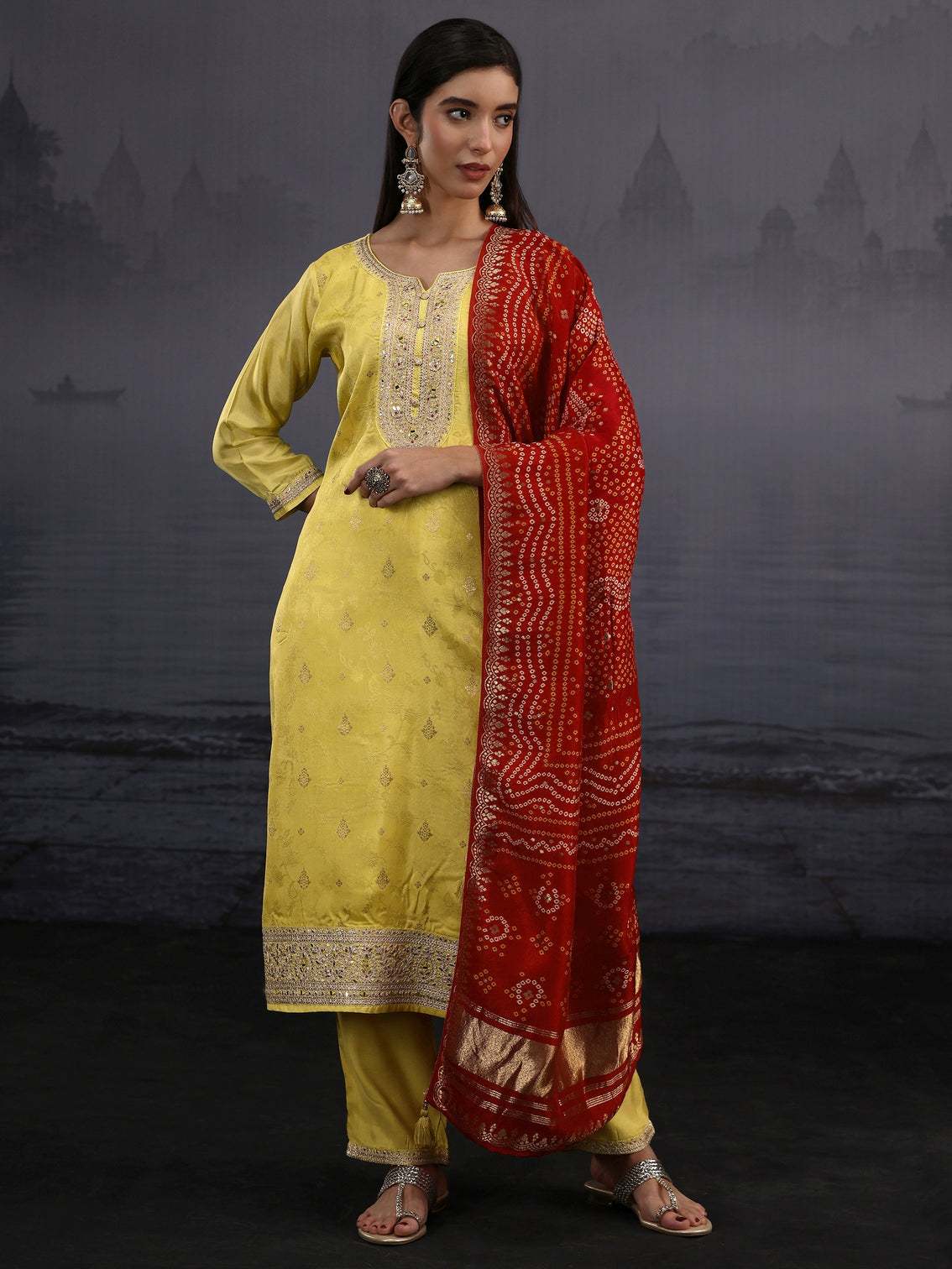 Mameraa Yellow Woven Design Silk Blend Straight Suit Set