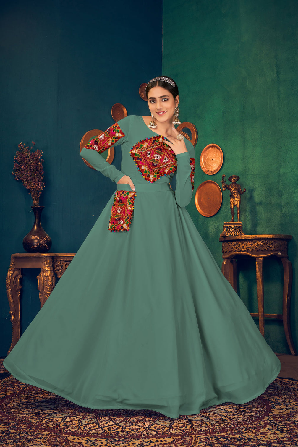 Light-Green Embroidered Georgette Evening Long Gown Semi Stitched