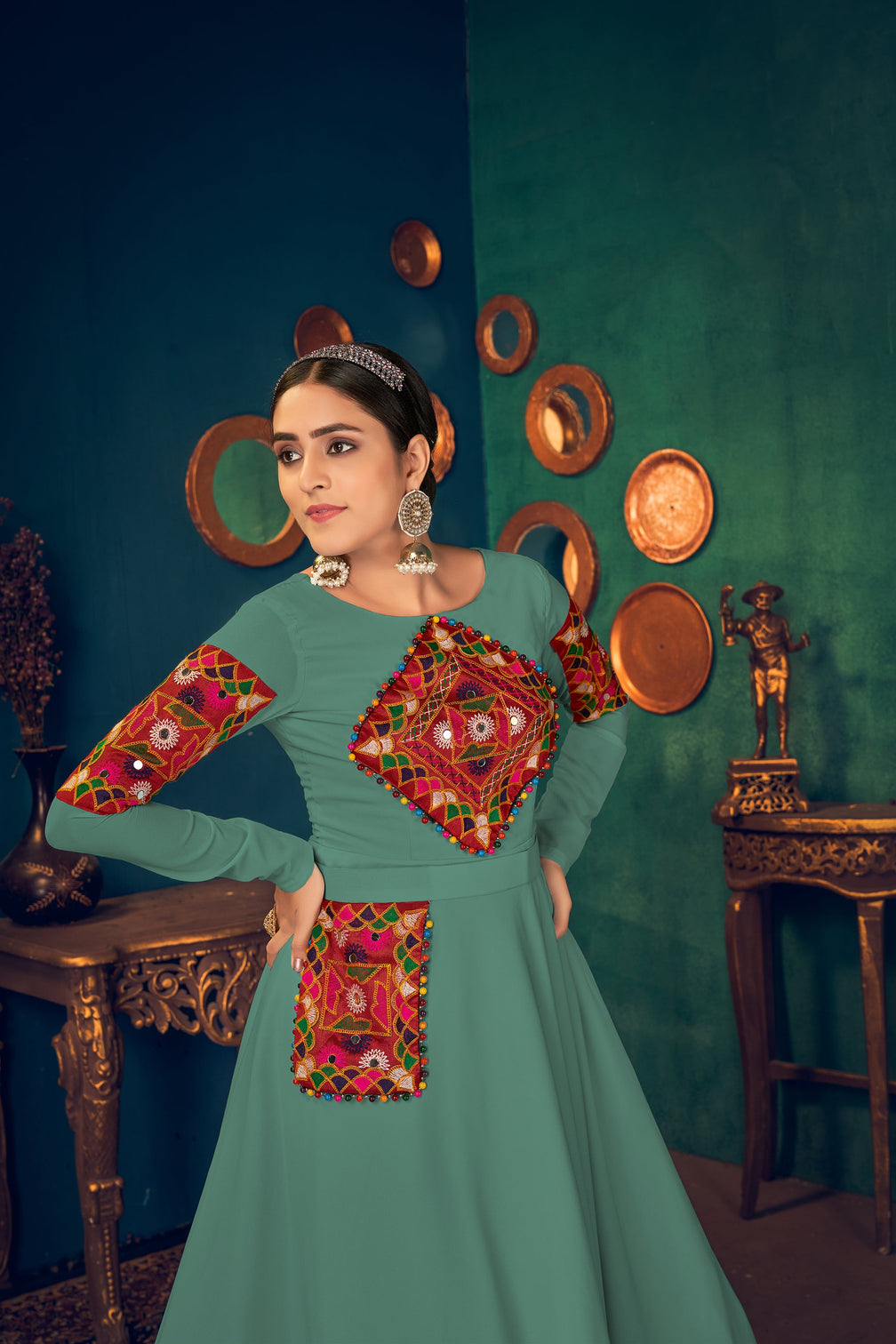 Light-Green Embroidered Georgette Evening Long Gown Semi Stitched