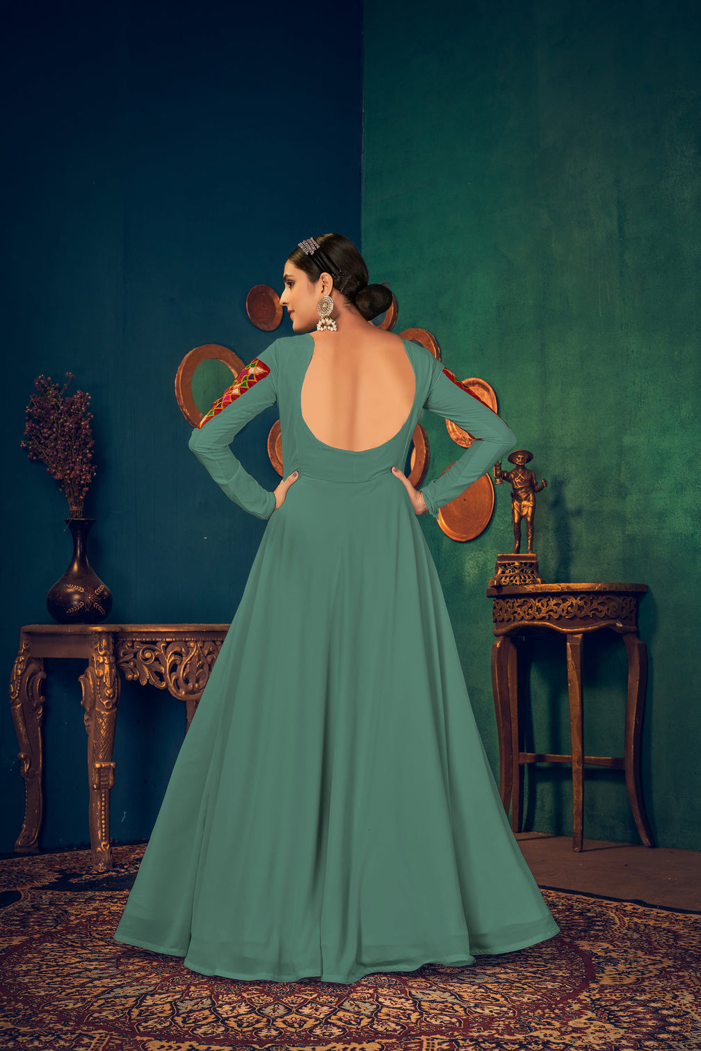 Light-Green Embroidered Georgette Evening Long Gown Semi Stitched