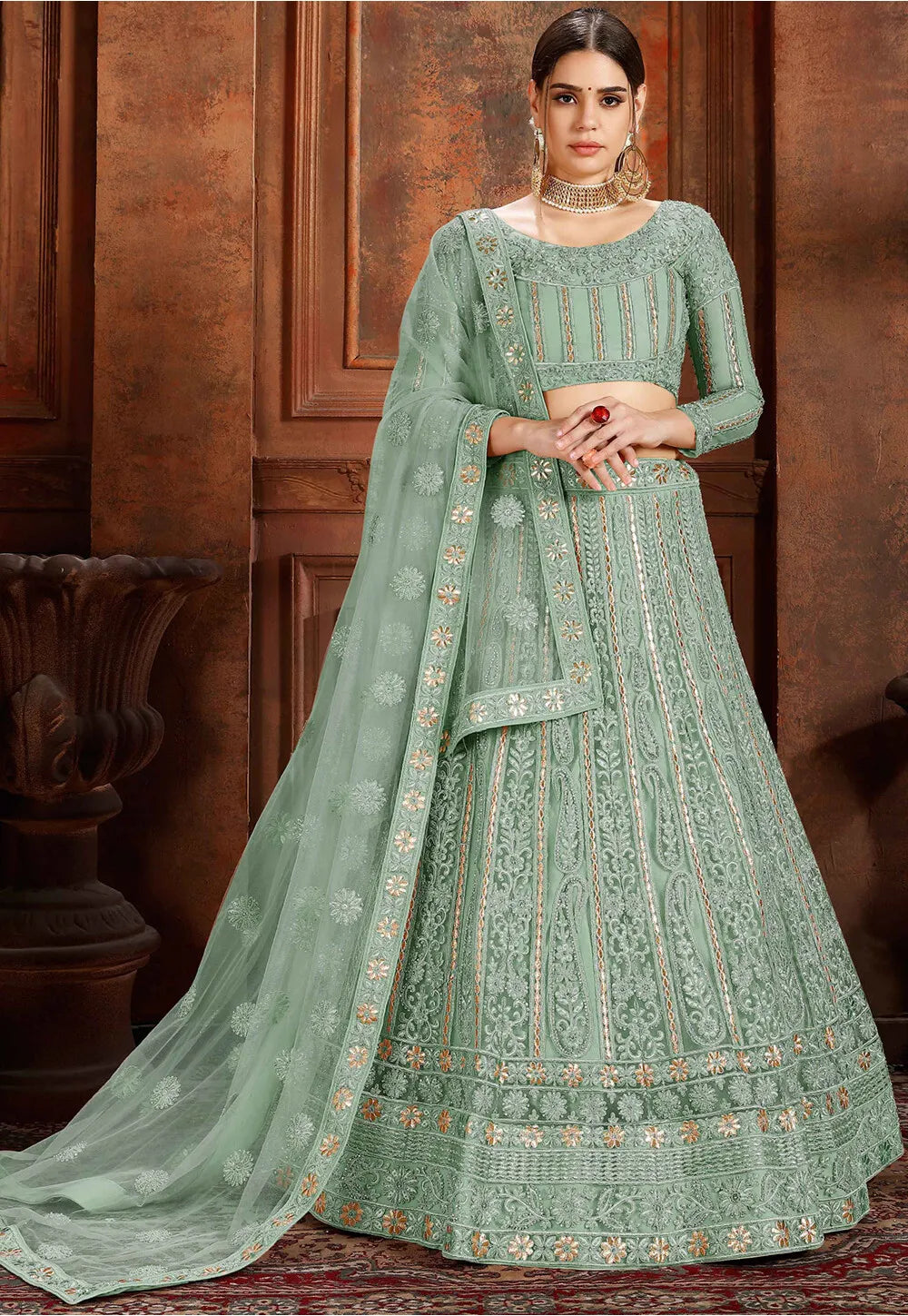 Light-Green Embroidered Net Semi Stitched Lehenga
