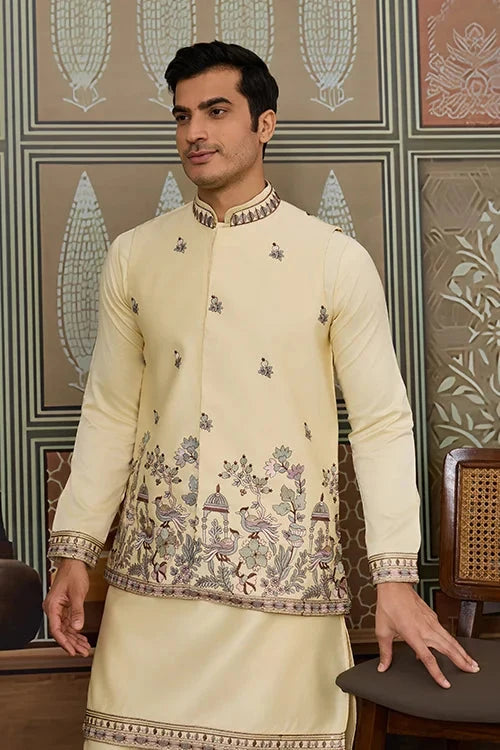 Haldi Special Light Yellow Koti Kurta Set for Mens Wear