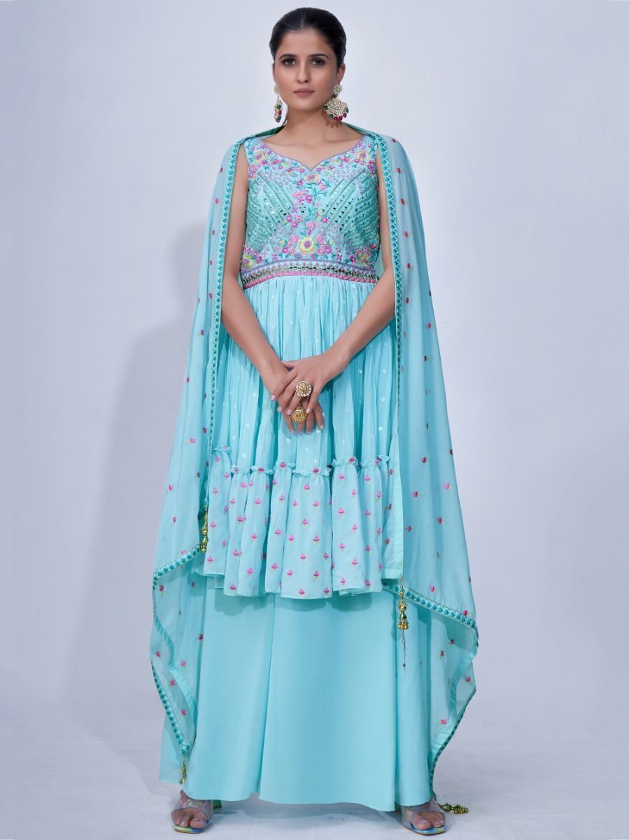Light Blue Mirror Work Multi Embroidery Chiffon Palazzo Suit