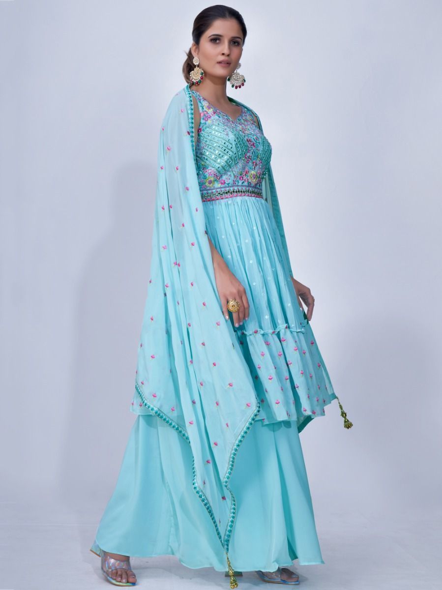 Light Blue Mirror Work Multi Embroidery Chiffon Palazzo Suit