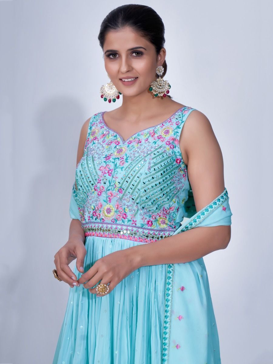 Light Blue Mirror Work Multi Embroidery Chiffon Palazzo Suit