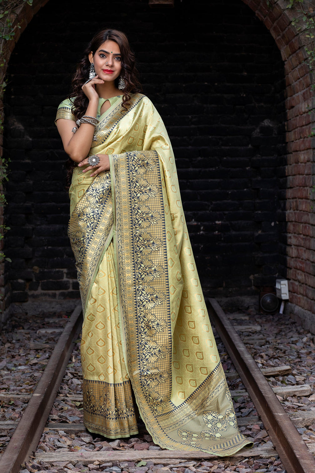 Light Green Embroidered Banarasi Silk Saree With Blouse