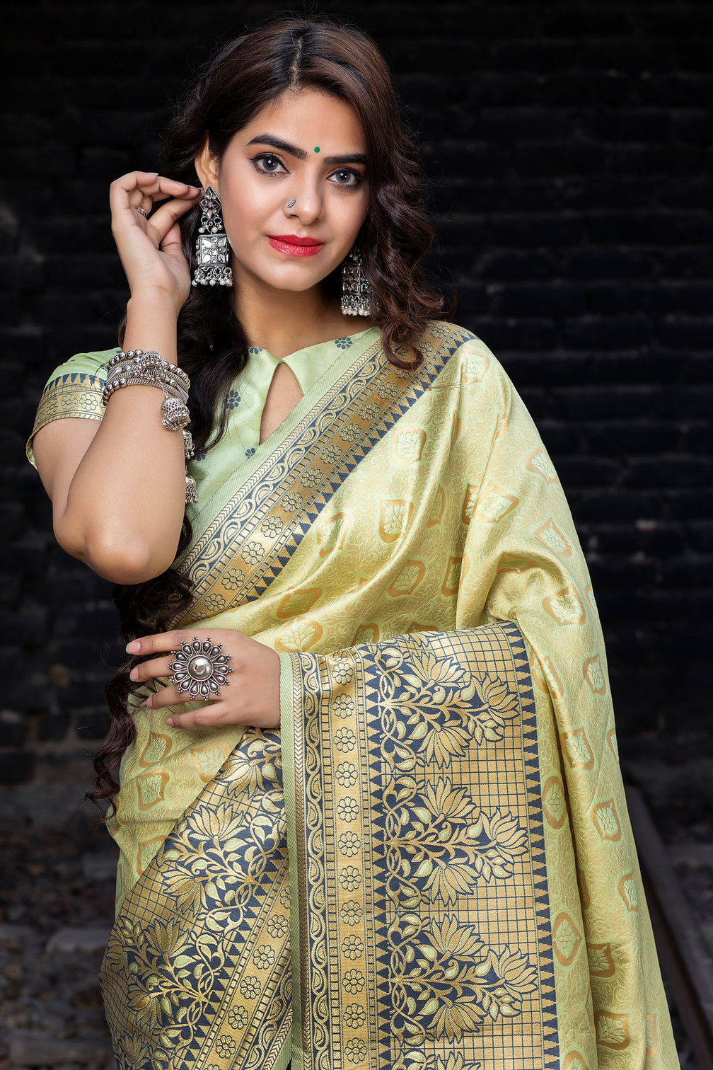 Light Green Embroidered Banarasi Silk Saree With Blouse