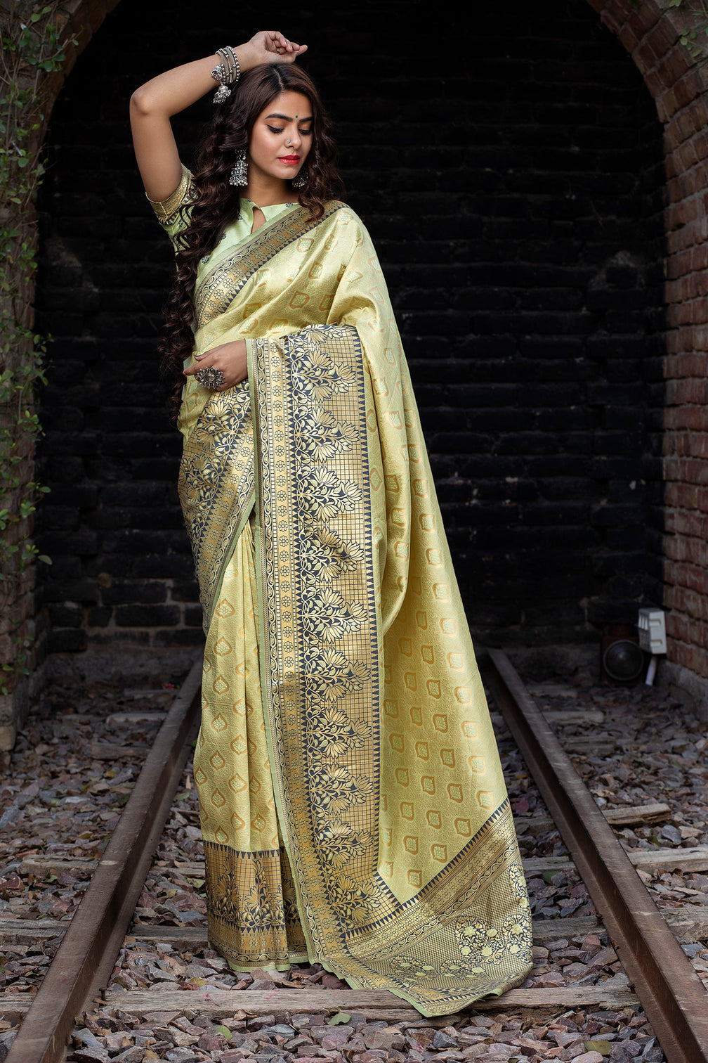 Light Green Embroidered Banarasi Silk Saree With Blouse