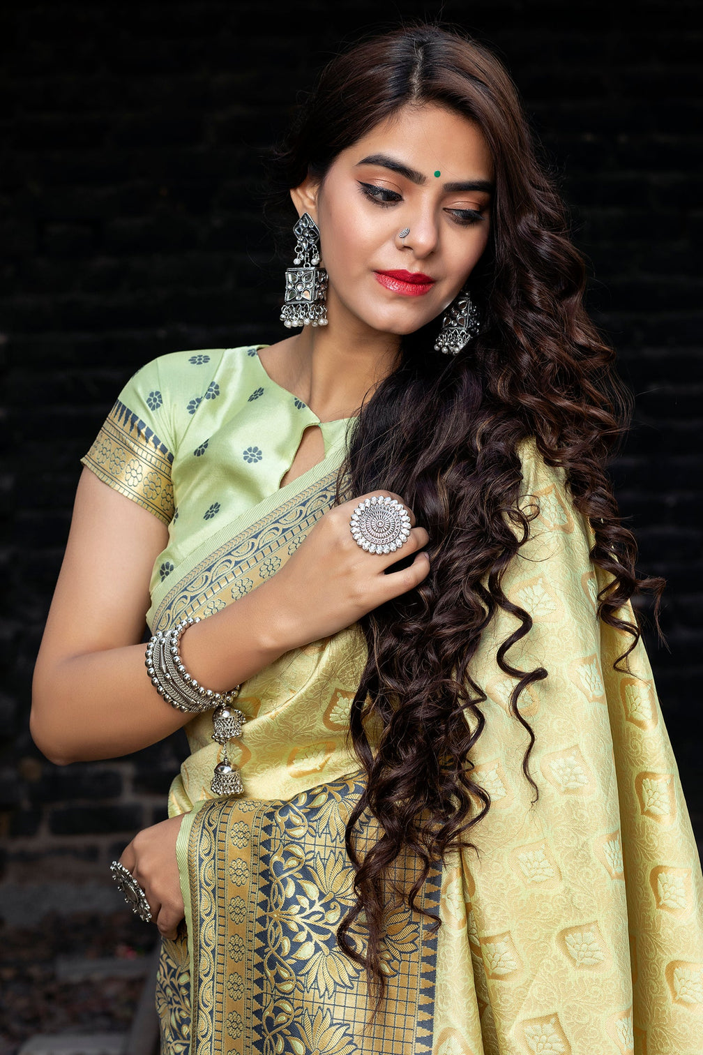 Light Green Embroidered Banarasi Silk Saree With Blouse