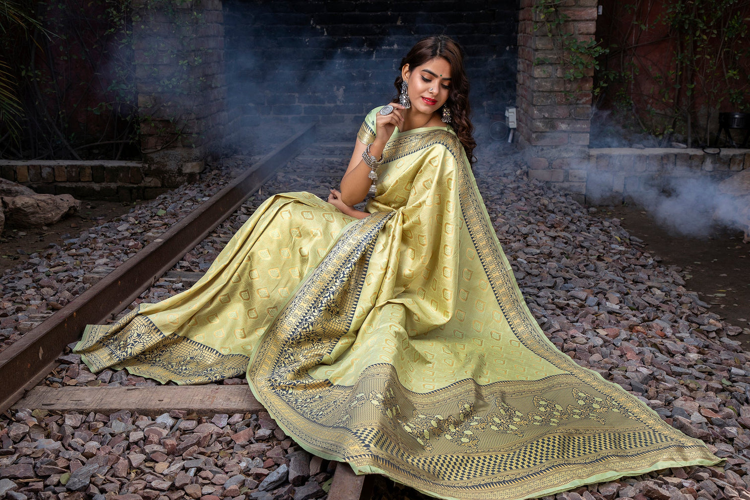 Light Green Embroidered Banarasi Silk Saree With Blouse