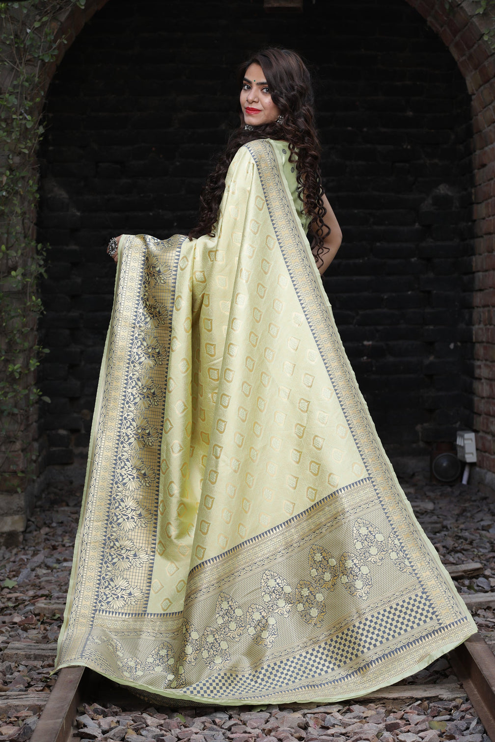 Light Green Embroidered Banarasi Silk Saree With Blouse