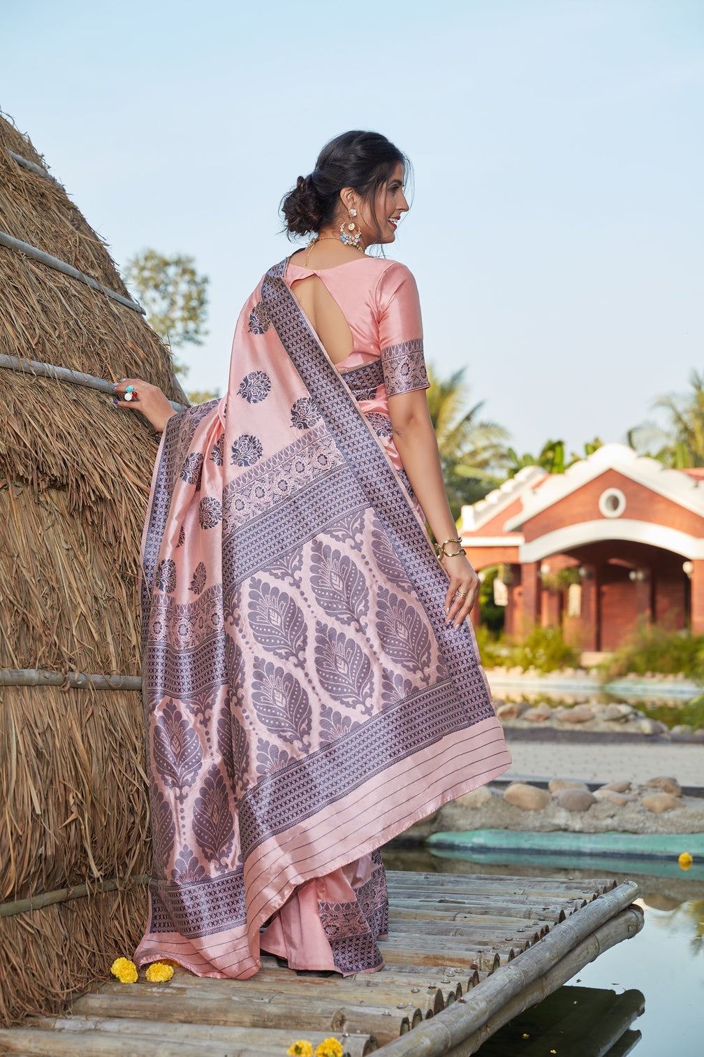 Light Pink Weaving Banarasi Silk Festival Wear Saree