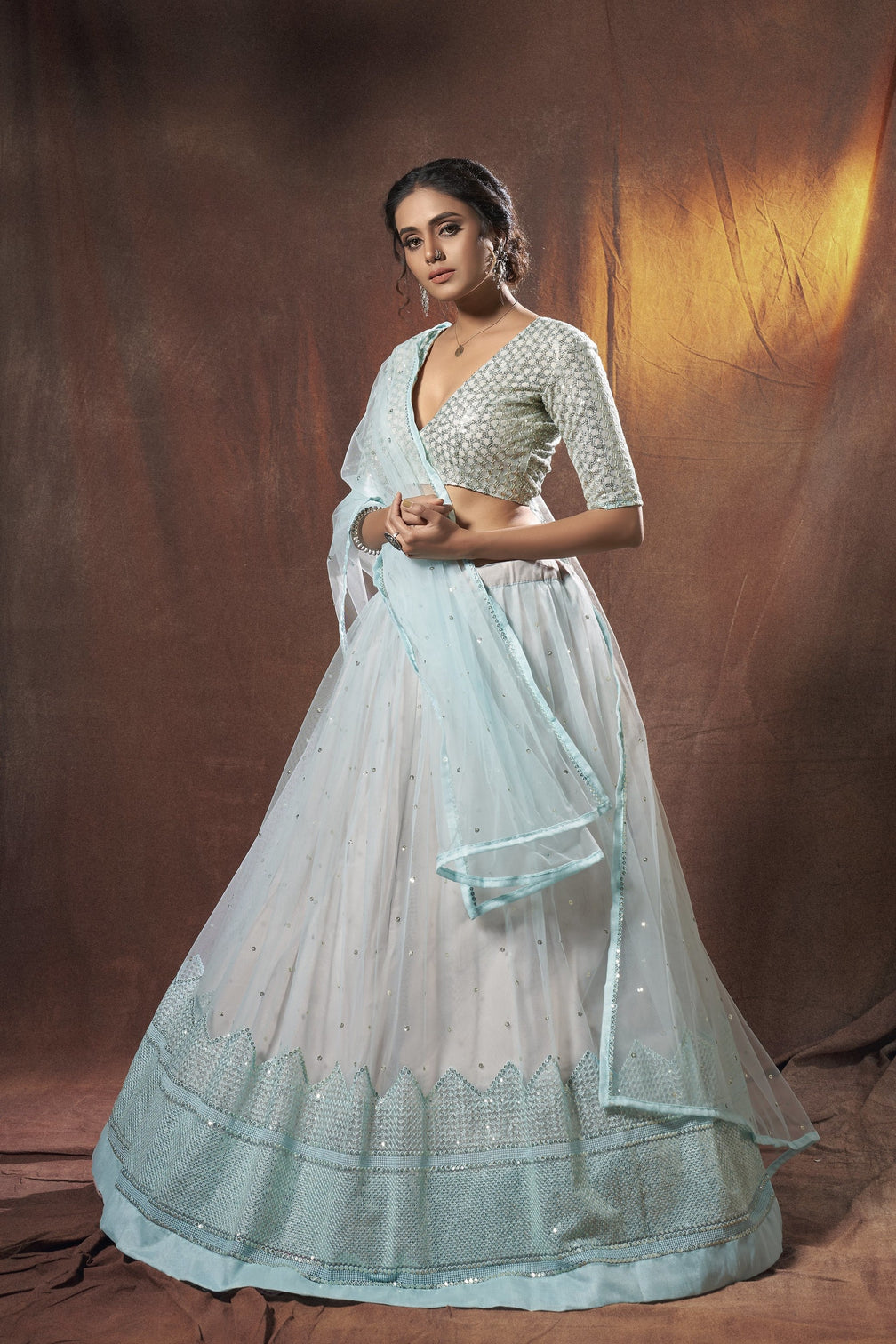 Light Blue Pakistani Net Lehenga Choli For Indian Festivals & Weddings - Sequence Embroidery Work, Resham Embroidery Work,