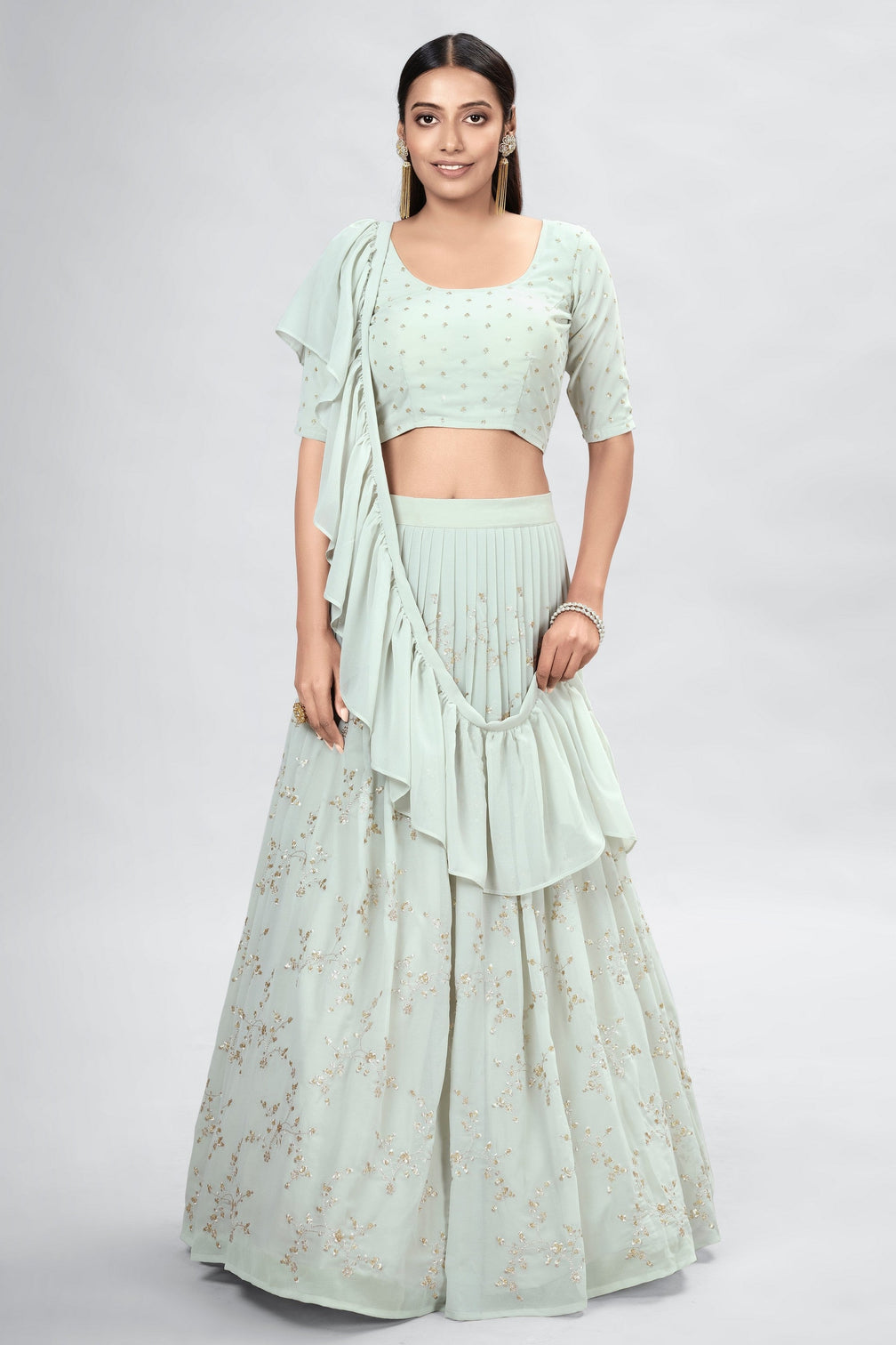 Light Green Indian Georgette Lehenga Choli With Ruffle Dupatta For Indian Festival & Weddings - Sequence Embroidery Work,