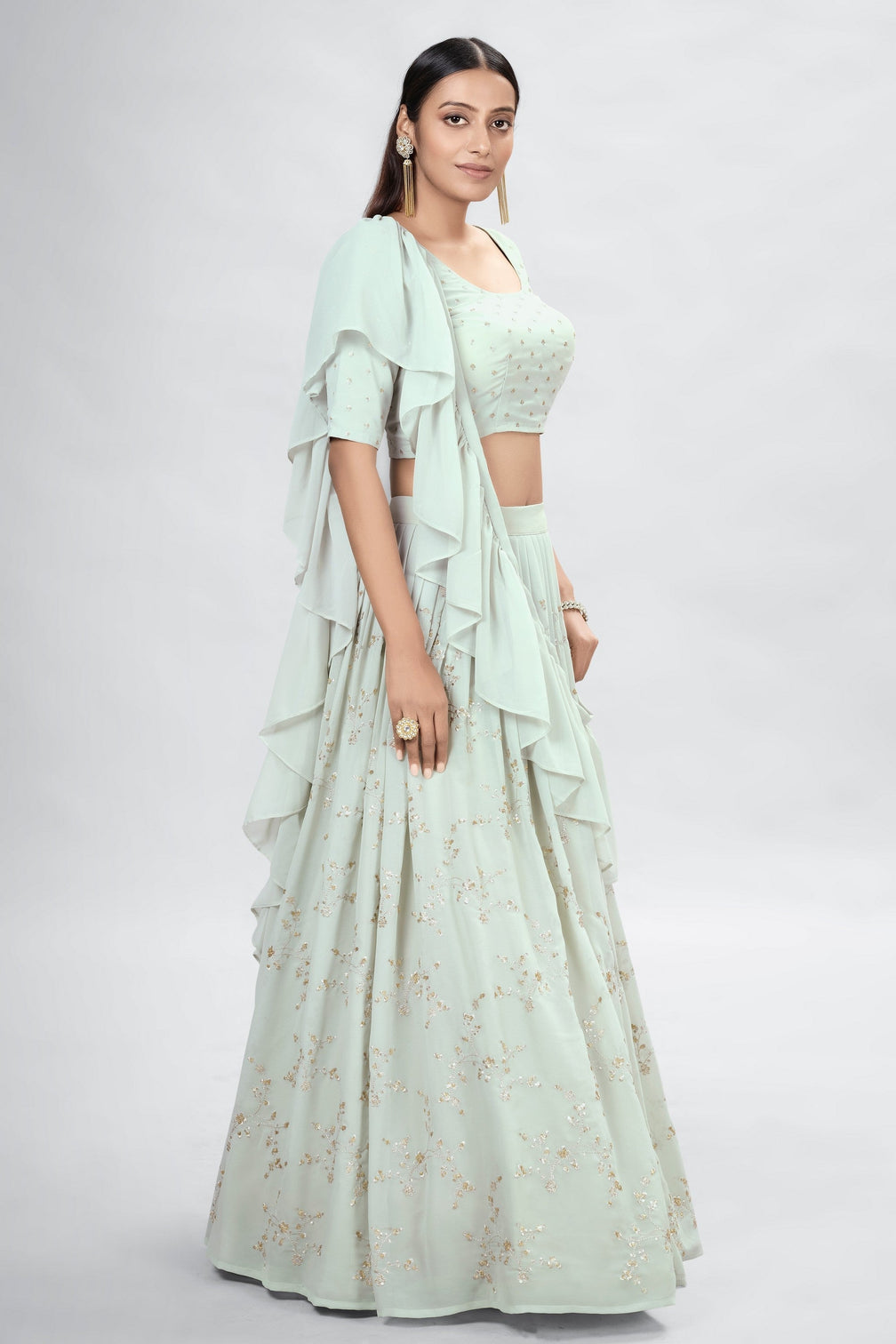 Light Green Indian Georgette Lehenga Choli With Ruffle Dupatta For Indian Festival & Weddings - Sequence Embroidery Work,