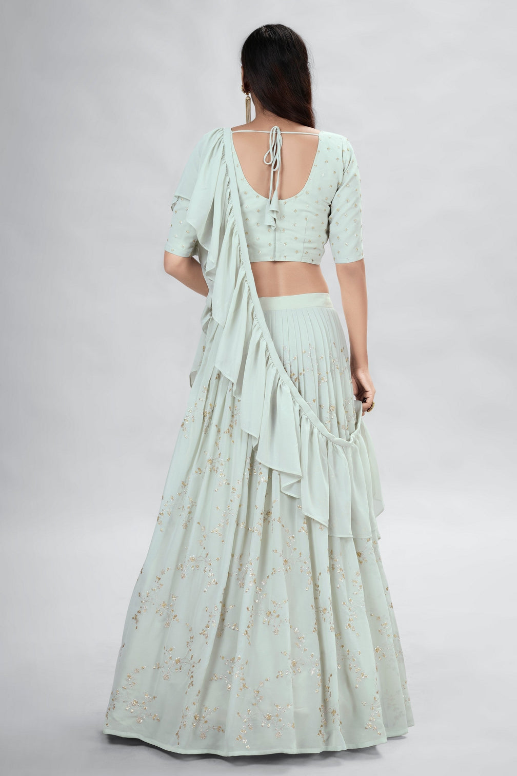 Light Green Indian Georgette Lehenga Choli With Ruffle Dupatta For Indian Festival & Weddings - Sequence Embroidery Work,