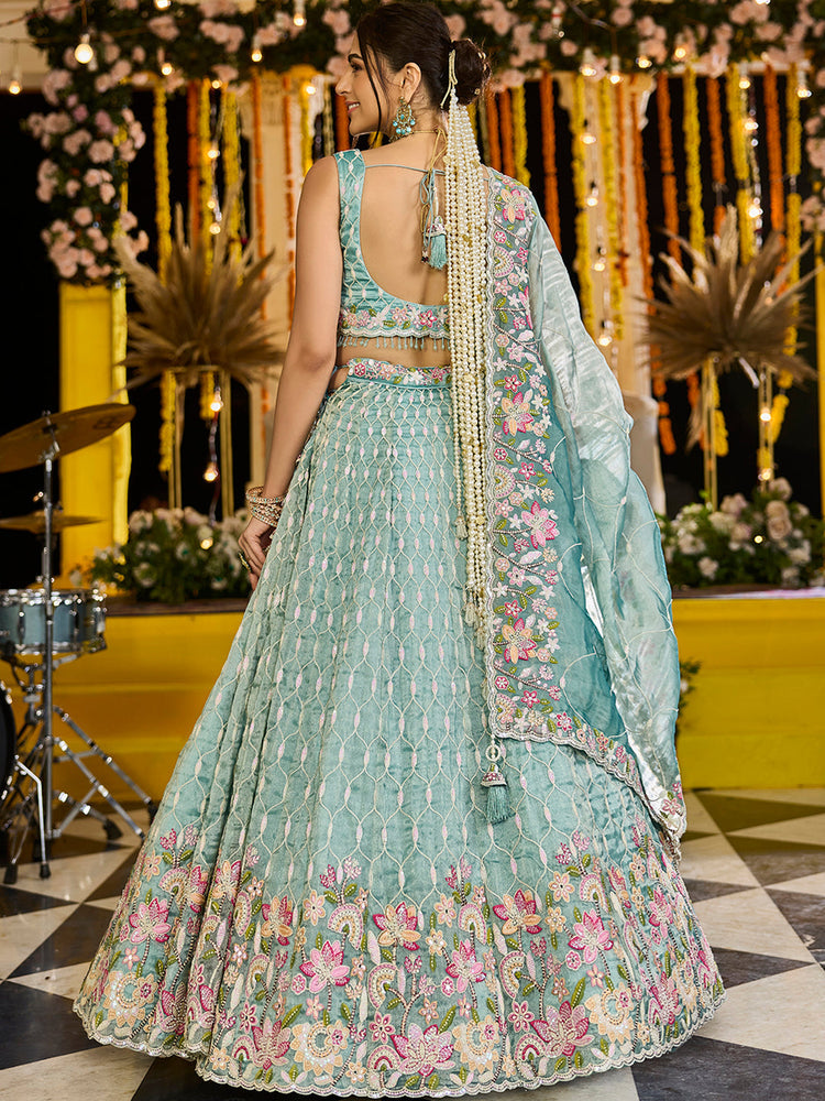 Lime Green Satin Silk Sequins & Embroidery Lehenga Choli with Ethnic Dupatta – 4 Meter Flair, Fully Stitched