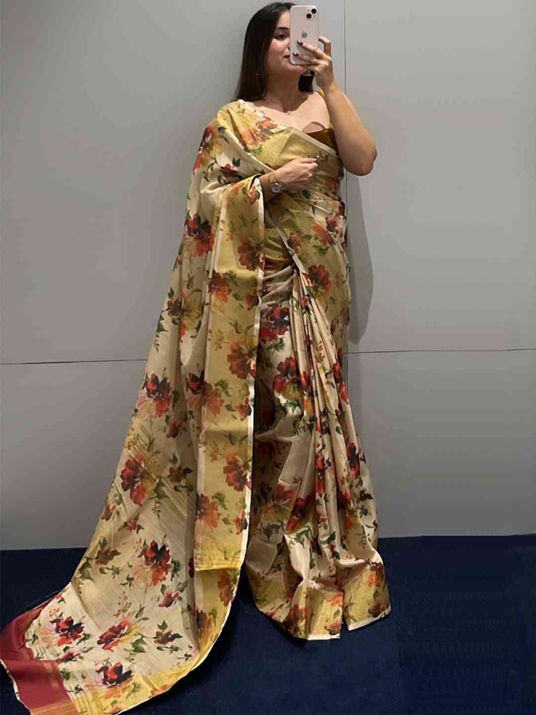 Floral Elegance Exclusive Pure Linen Saree