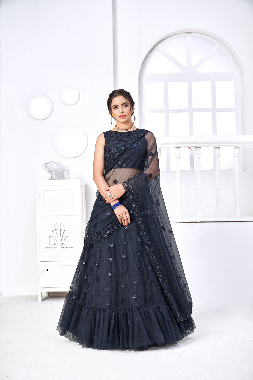 Lovely Navy Blue Thread Embroidery Festive Wear Lehenga Choli