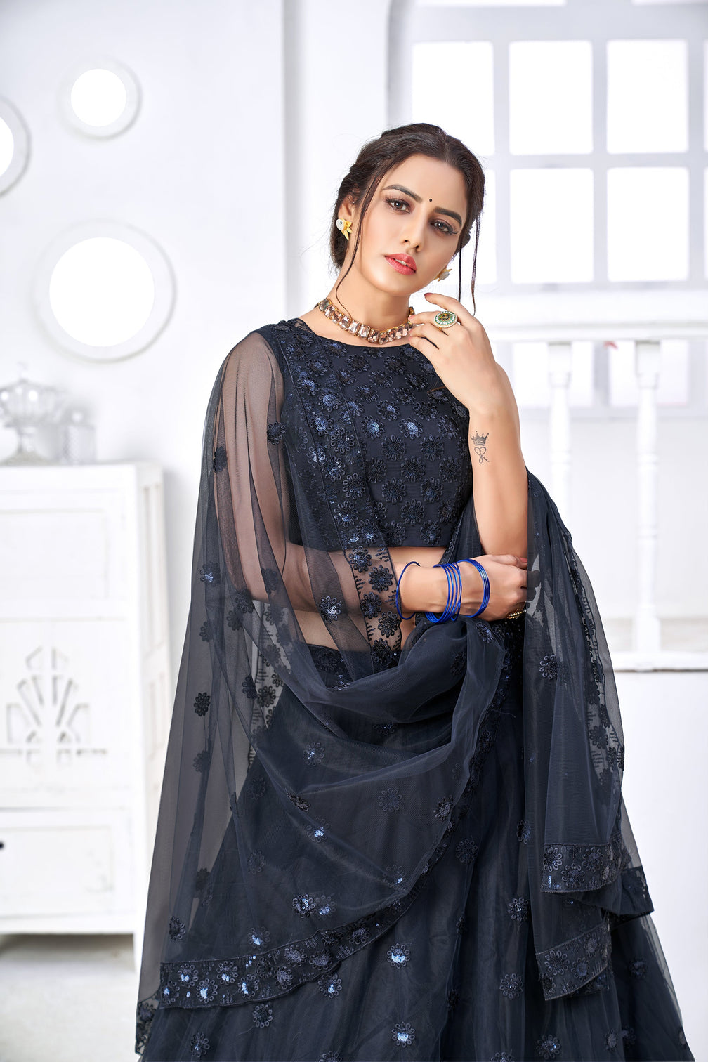 Lovely Navy Blue Thread Embroidery Festive Wear Lehenga Choli