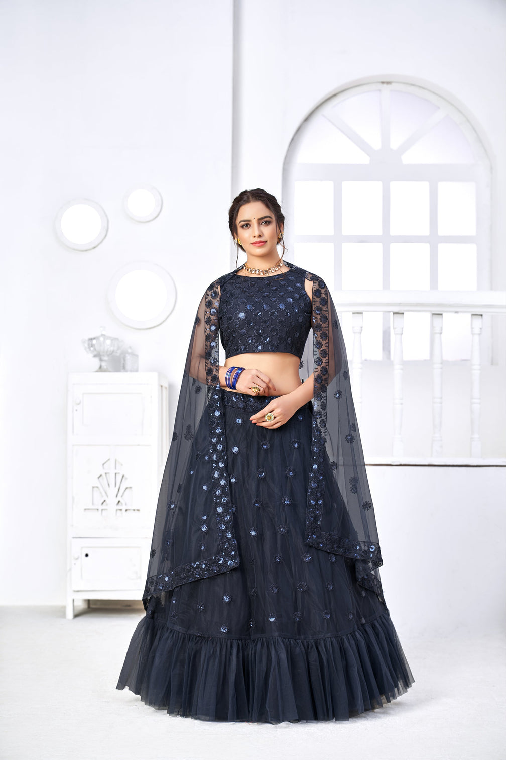 Lovely Navy Blue Thread Embroidery Festive Wear Lehenga Choli