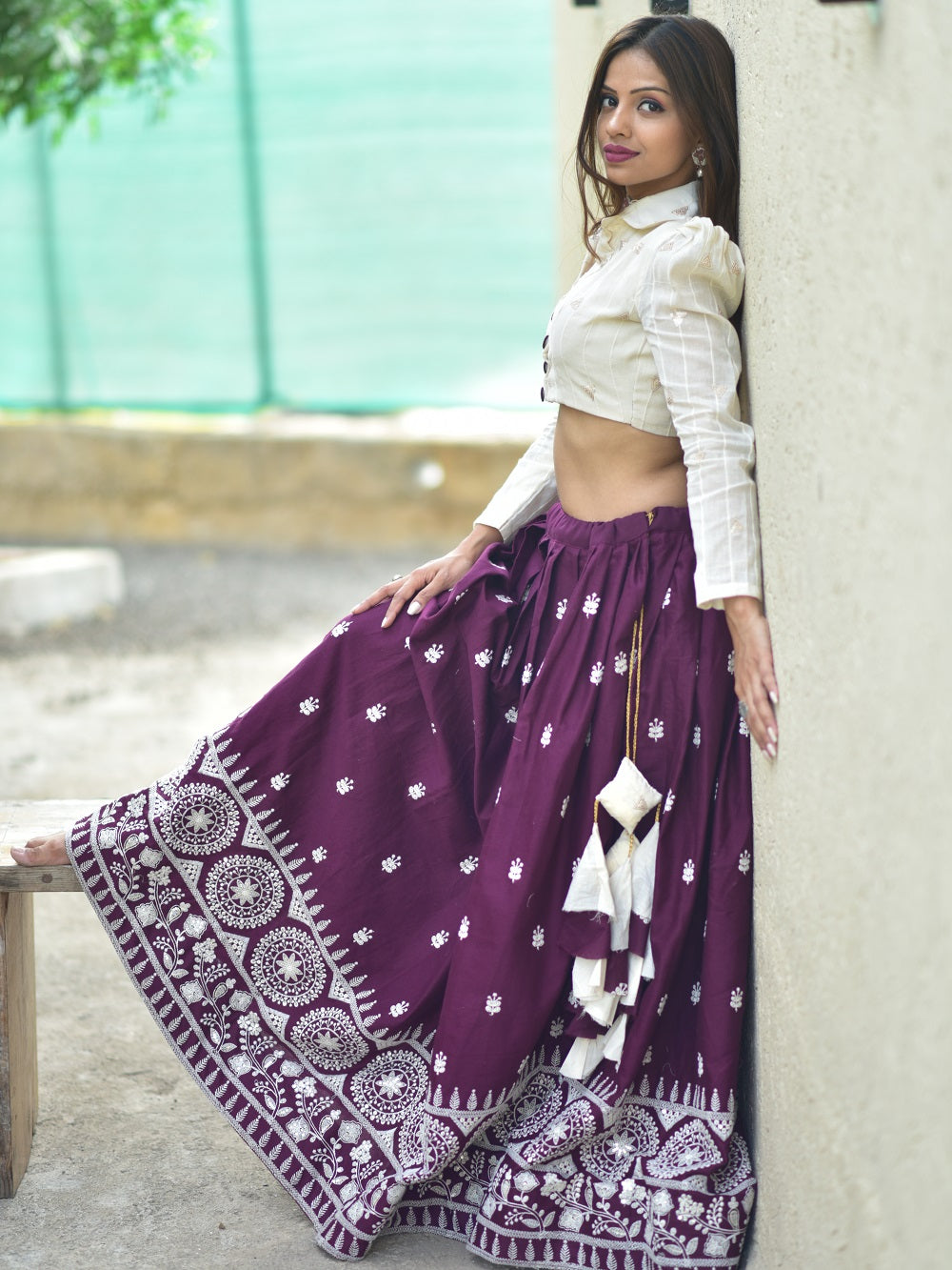 Wine Color Lucknowi Work Pure Cotton Two Piece Lehenga Choli Set