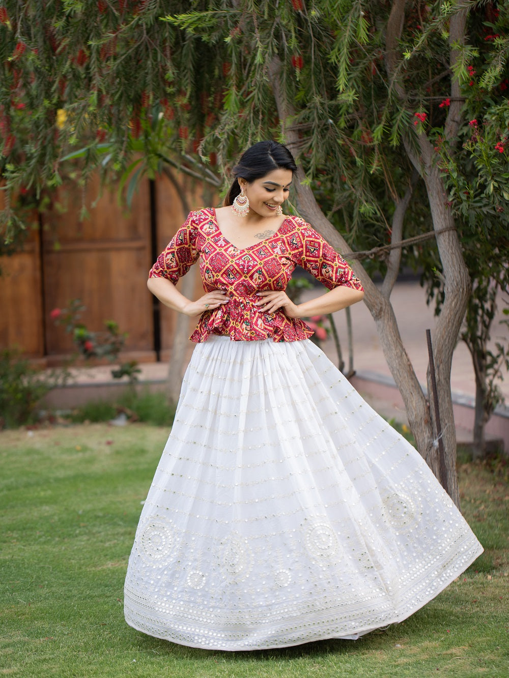 White Color Paper Mirror And Thread Embroidery Work Georgette Two Piece Lehenga Choli Set