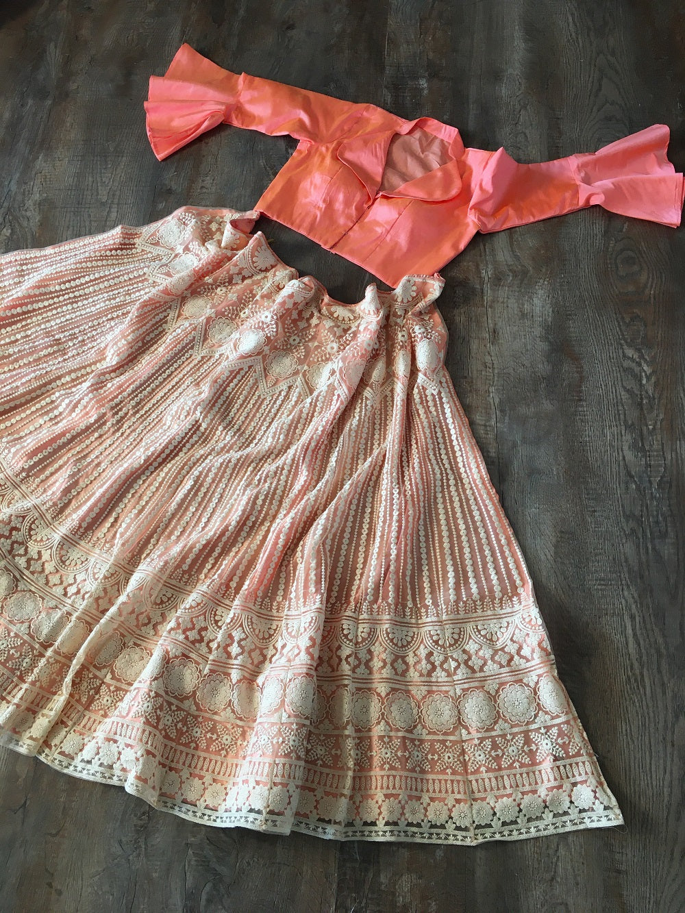 Peach Color Lucknowi Net Fabric Two Piece Lehenga Set