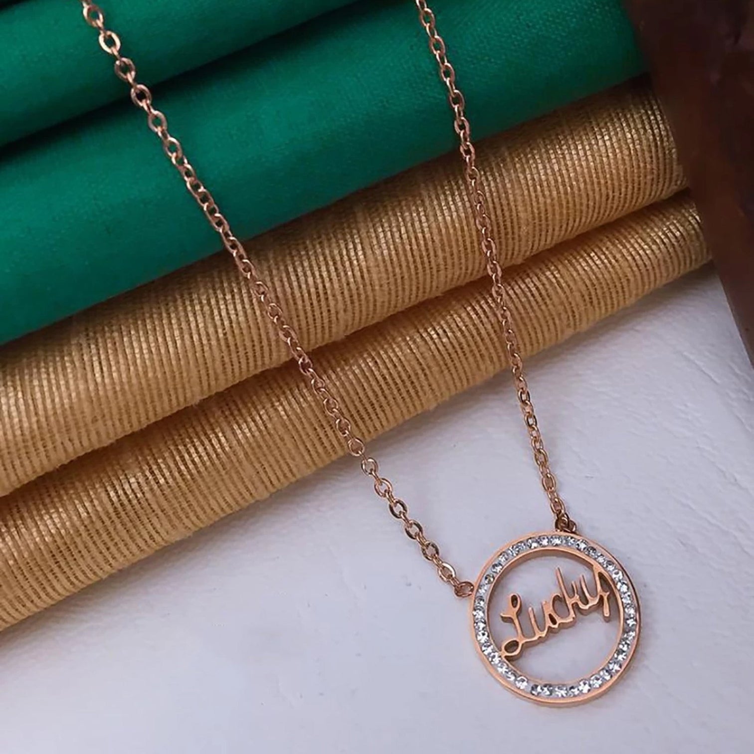 Lucky Word Round Gold Pendant with Chain Swarovski Crystal Brass Plated Brass Chain