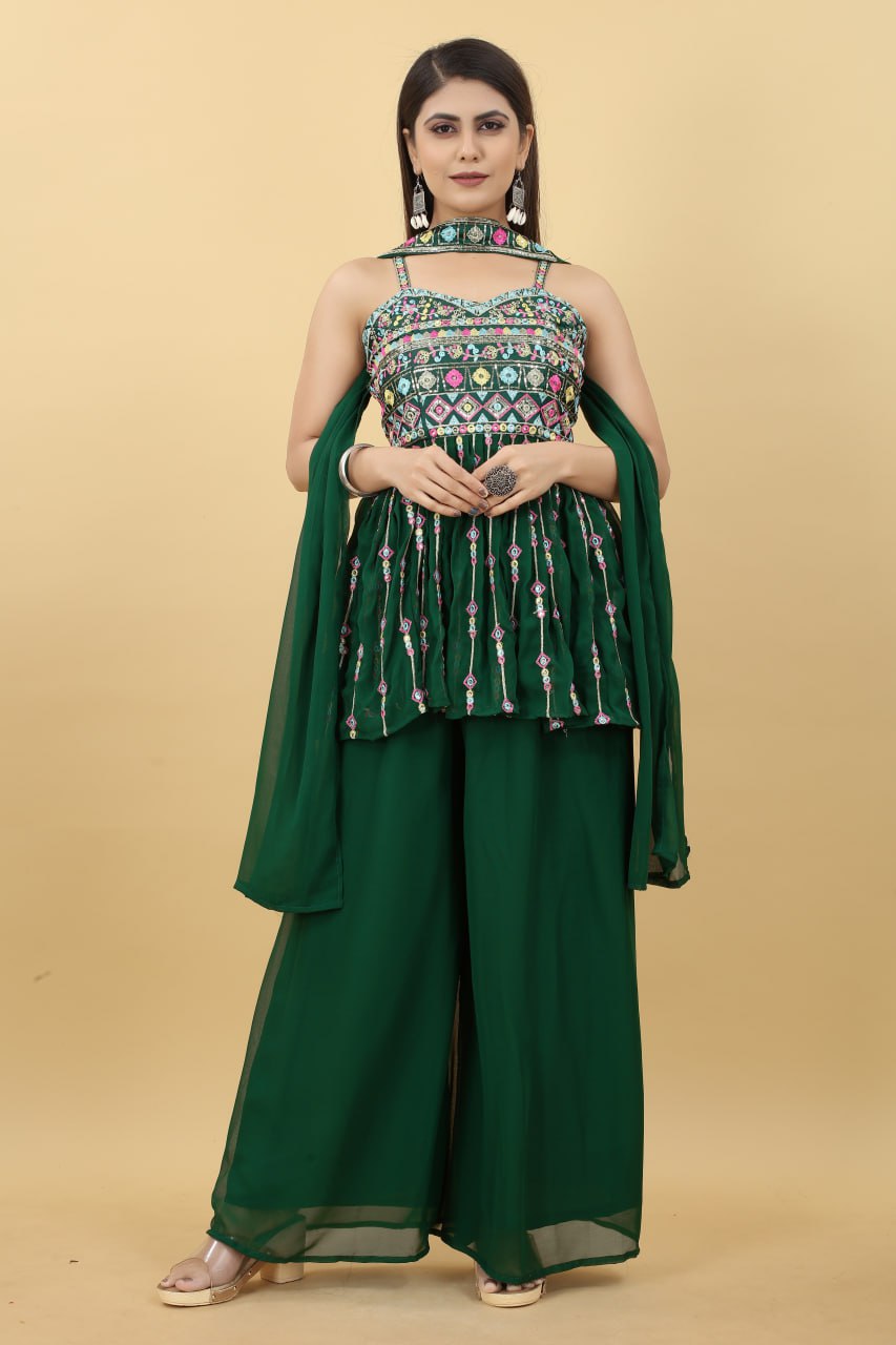 Luxuriant Dark Green Color Thread Sequence Sharara Suit