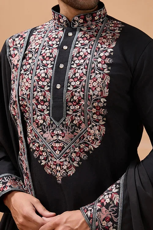 Luxury Wedding Look Black Kurta with Dupatta for Mens Wear