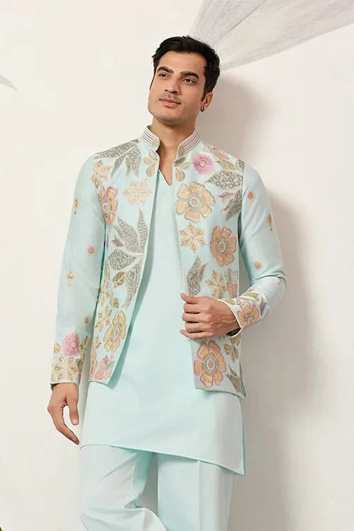 Luxury Wedding & Carnival Wear Pista Green Koti Kurta for Men