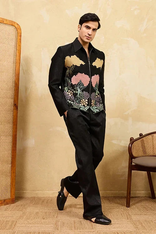 Black Velvet Wedding Bomber Suit for Mens Wear