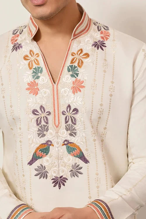 Luxury White V Neck Kurta Pant for Festive Wear