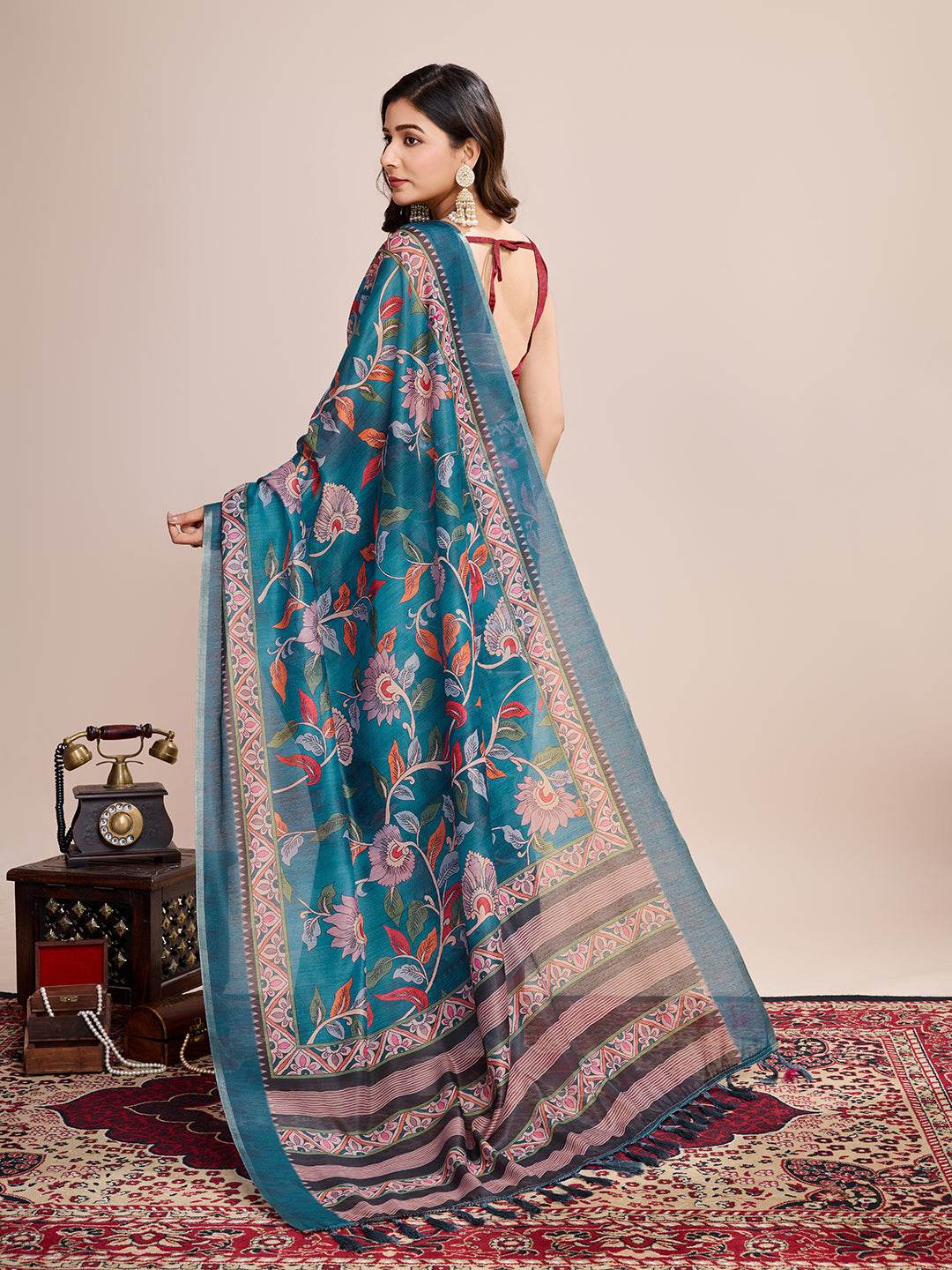 Light Blue Linen Blend Saree With Blouse Piece