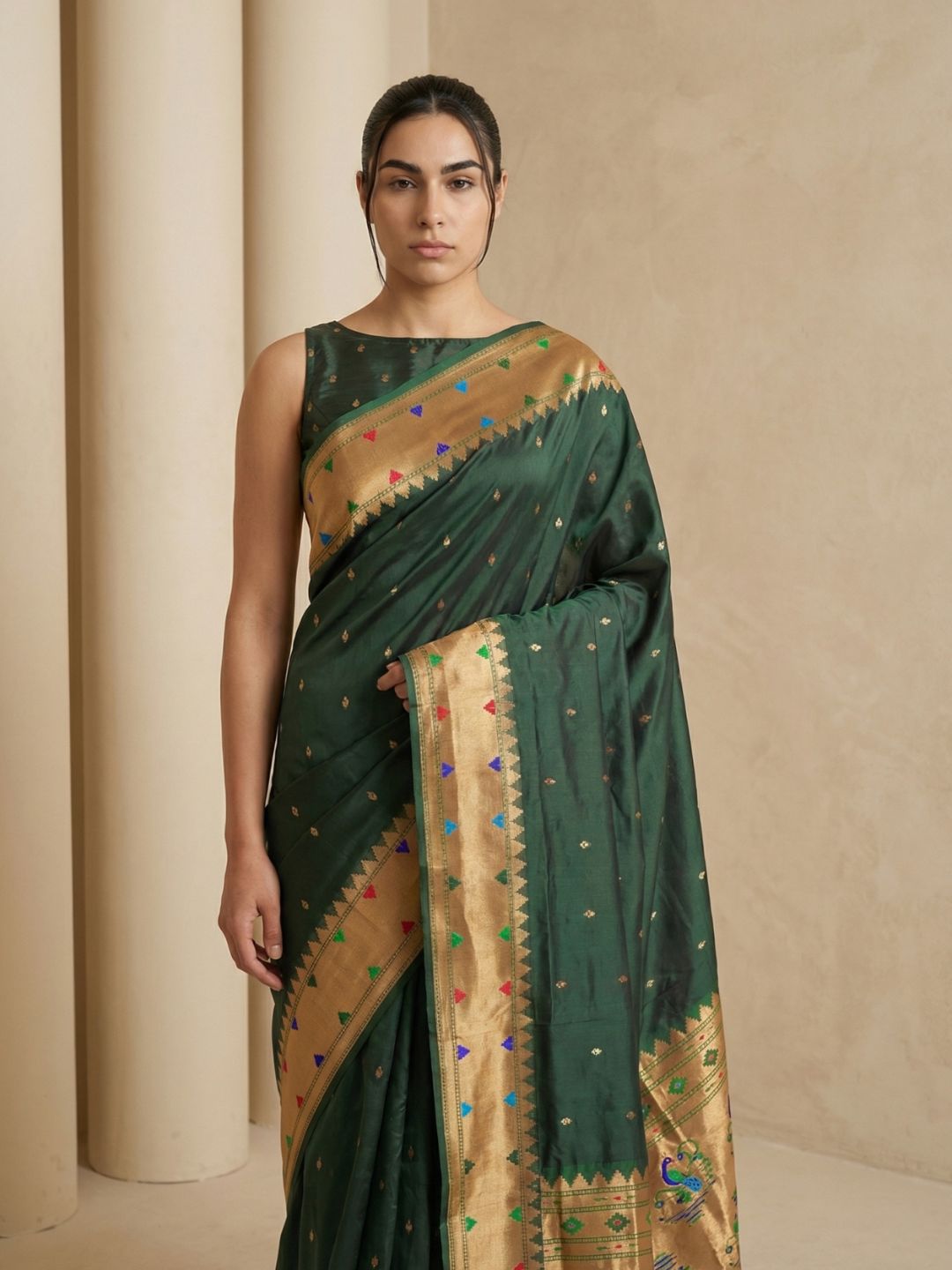 Bottle Green Soft Silk Paithani Meenakari Saree Tilak Zari Woven Motifs Temple Border Saree With Brocade Blouse