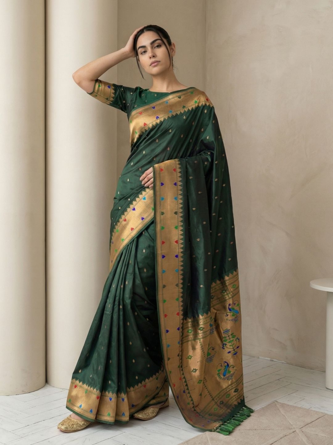 Bottle Green Soft Silk Paithani Meenakari Saree Tilak Zari Woven Motifs Temple Border Saree With Brocade Blouse