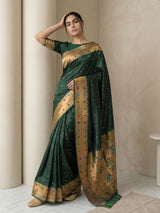 Bottle Green Soft Silk Paithani Meenakari Saree Tilak Zari Woven Motifs Temple Border Saree With Brocade Blouse