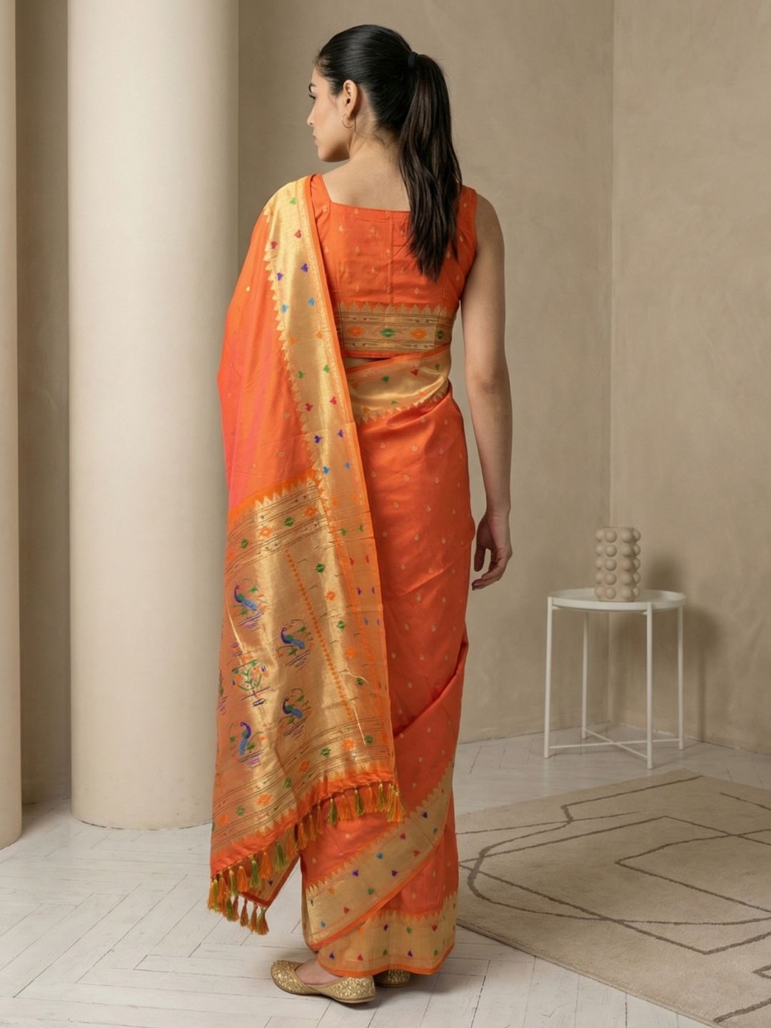 Orange Soft Silk Paithani Meenakari Saree Tilak Zari Woven Motifs Temple Border Saree With Brocade Blouse