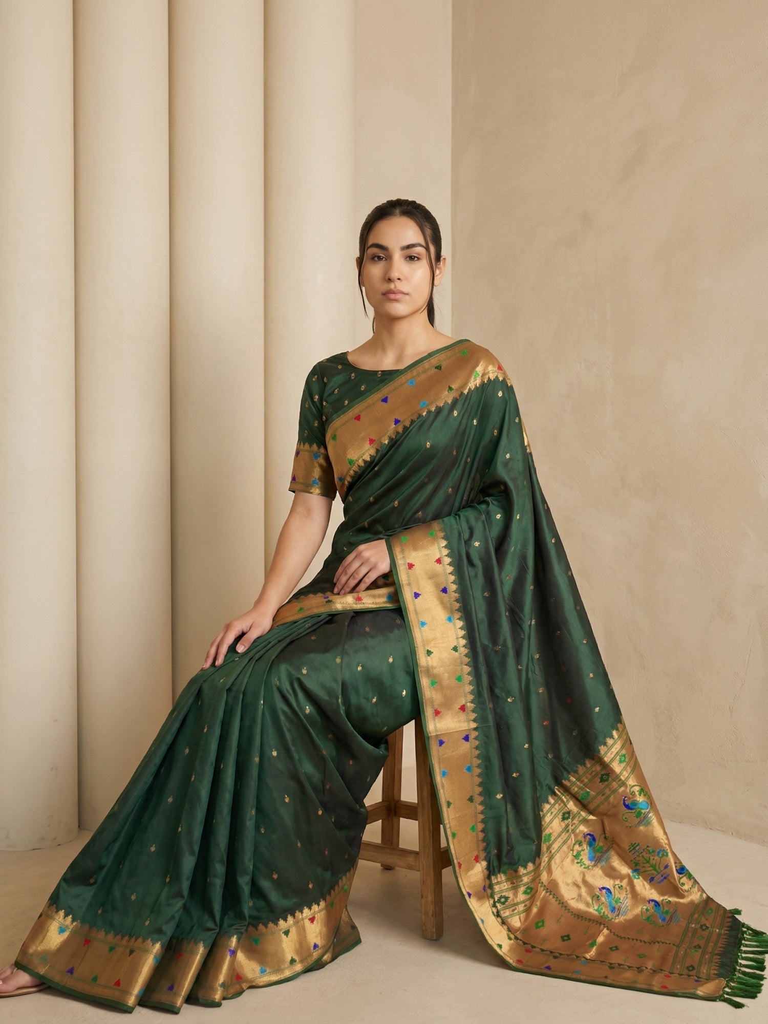 Bottle Green Soft Silk Paithani Meenakari Saree Tilak Zari Woven Motifs Temple Border Saree With Brocade Blouse