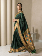 Bottle Green Soft Silk Paithani Meenakari Saree Tilak Zari Woven Motifs Temple Border Saree With Brocade Blouse