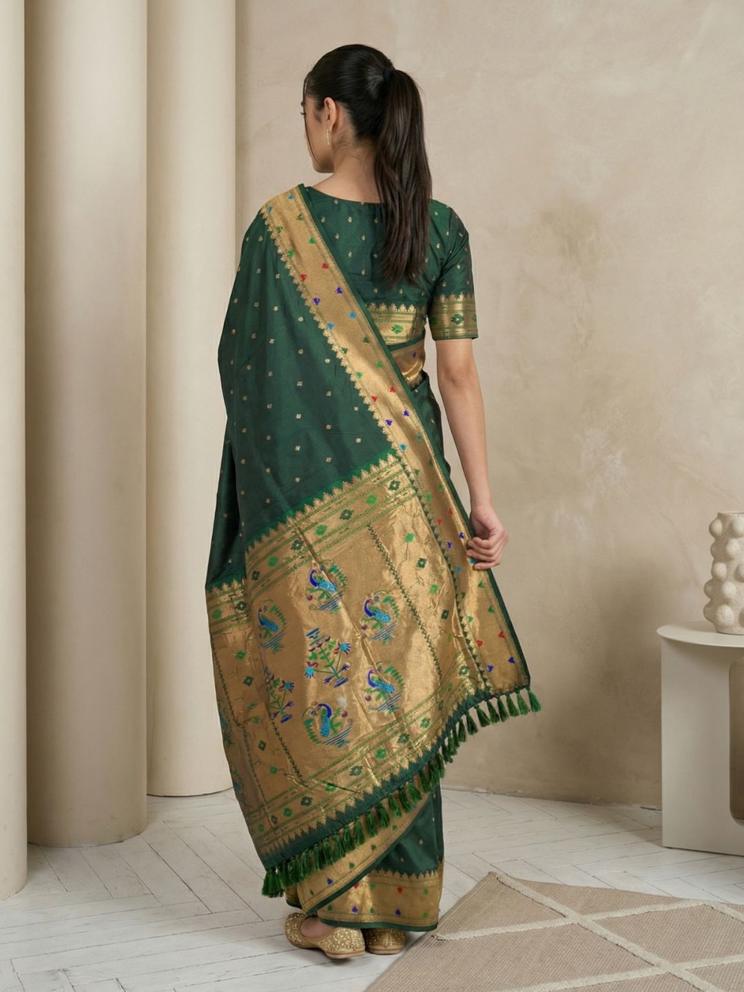 Bottle Green Soft Silk Paithani Meenakari Saree Tilak Zari Woven Motifs Temple Border Saree With Brocade Blouse