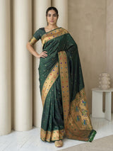 Bottle Green Soft Silk Paithani Meenakari Saree Tilak Zari Woven Motifs Temple Border Saree With Brocade Blouse