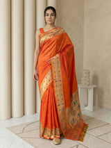Orange Soft Silk Paithani Meenakari Saree Tilak Zari Woven Motifs Temple Border Saree With Brocade Blouse