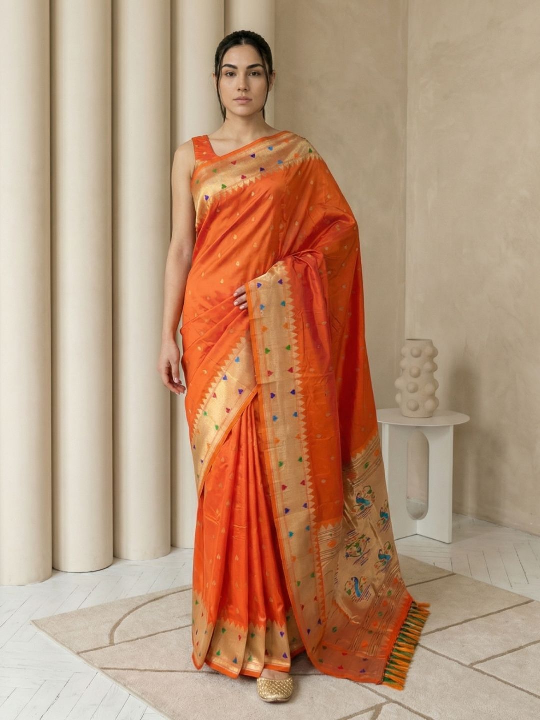 Orange Soft Silk Paithani Meenakari Saree Tilak Zari Woven Motifs Temple Border Saree With Brocade Blouse