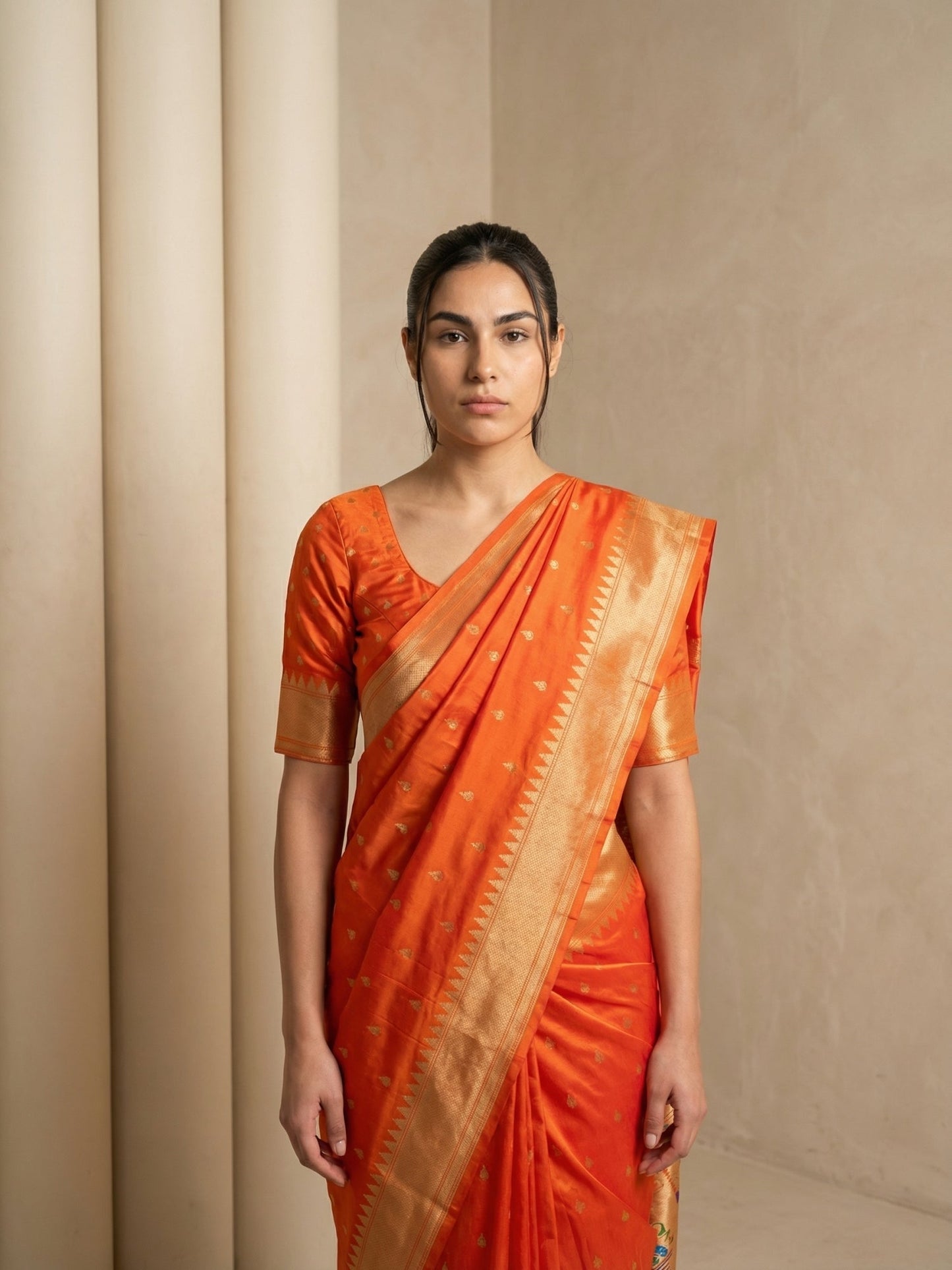 Orange Soft Silk Paithani Meenakari Saree Tilak Zari Woven Motifs Temple Border Saree With Brocade Blouse